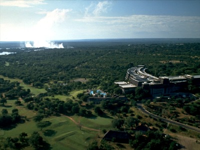 Elephant Hills Hotel wit Victoria Falls in the background